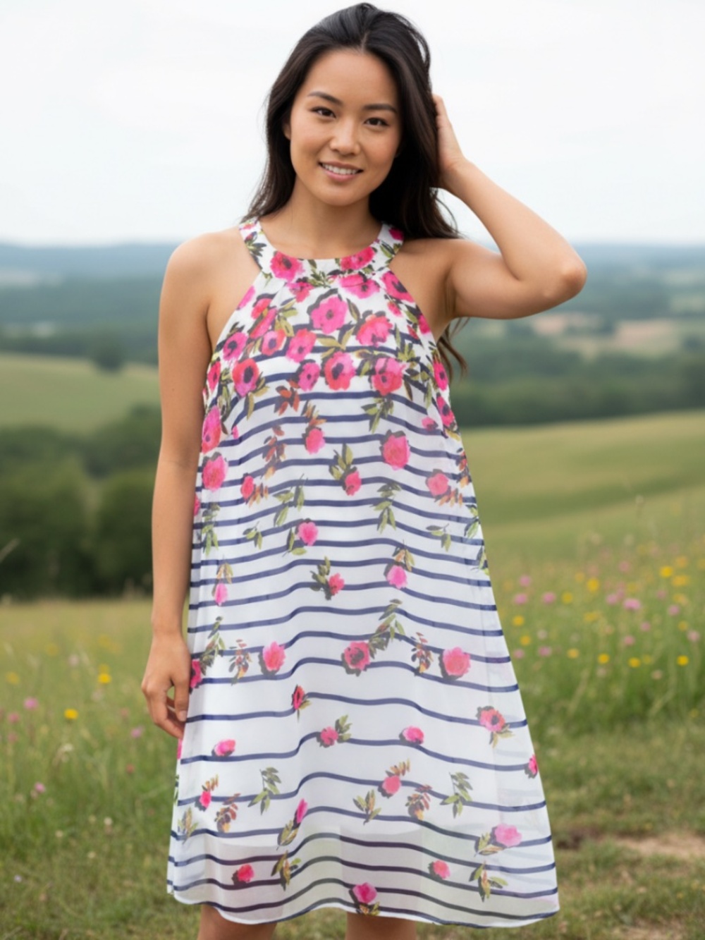 New Betsey Johnson 8 Medium Shift Dress Floral Striped Blue Pink White Slavs